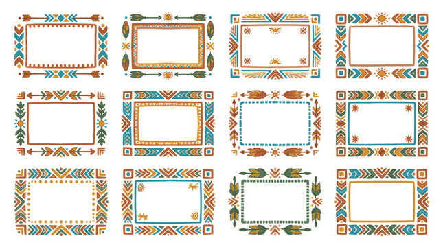 Collection of twelve rectangular frames with diverse tribal and ethnic patterns.