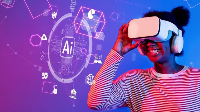 A joyful woman embraces technology with a virtual reality headset, immersed in a colorful digital landscape filled with abstract AI icons and concepts. Raster