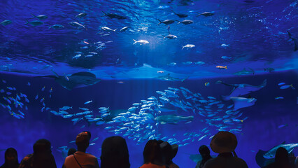 Visitors Watching Fish and Rays in a Large Aquarium Tank © Wenju