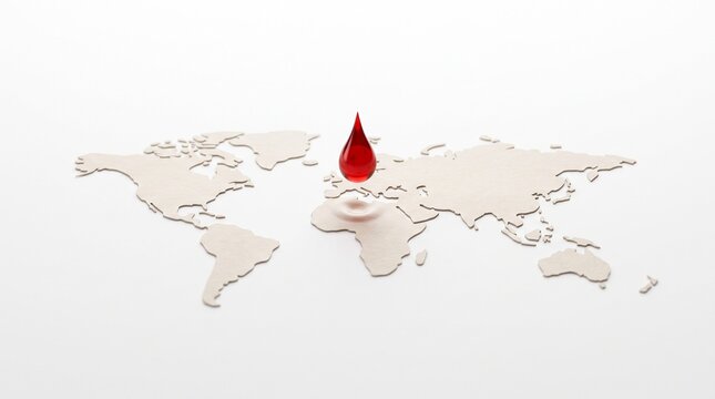 Red blood drop falling onto world map symbolizing global health crisis or blood donation campaign