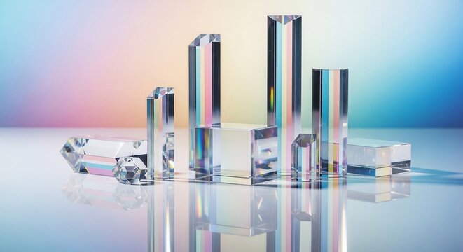 幾何学的な透明なオブジェクトが虹色の光を放つ、抽象的でモダンな背景