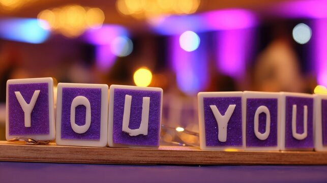 Purple and white alphabet blocks spelling out a message on a wooden surface with a blurred festive background.