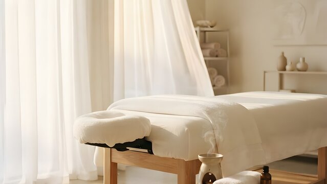 하얀 커튼이 드리워진 아늑한 마사지 베드와 편안한 힐링 스파 관리실 내부
Title: Cozy massage bed draped with white curtains and interior of comfortable healing spa care room