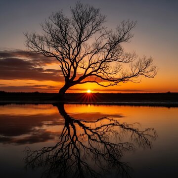 夕暮れの湖面に映る、孤独な木の物語