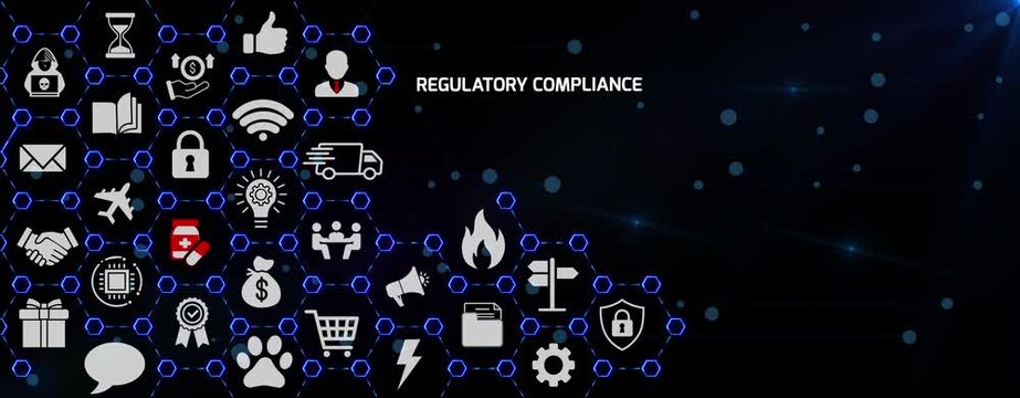 Regulatory Compliance Framework for Corporate Governance, Policy Oversight and Digital Business Controls Presented with Connected Icons on a Dark Background