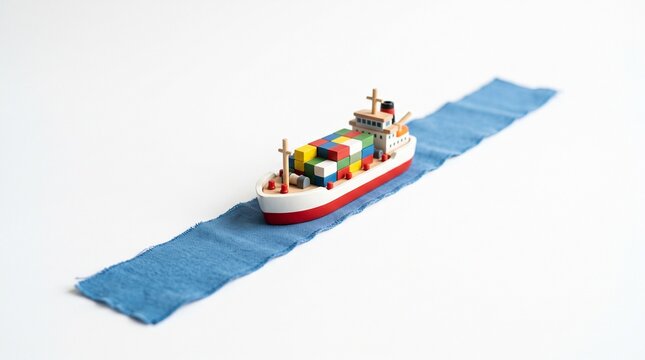 Toy Container Ship Sailing on a Blue Fabric Sea with Colorful Cargo Boxes