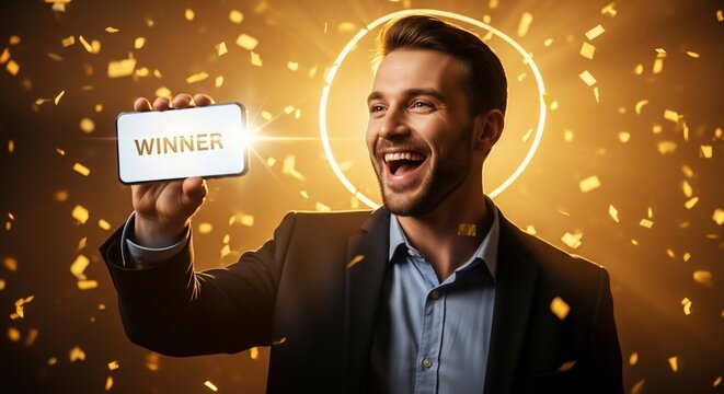 歓喜する男性、スマートフォンに「WINNER」表示、紙吹雪、金色の輪、成功、勝利、お祝い、喜び、達成、幸運