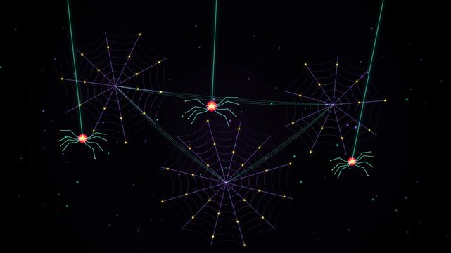Glowing neon spider webs and spiders hanging in dark space for halloween holiday background design with electric blue and purple light patterns and bright shining accents 4k Motion Video
