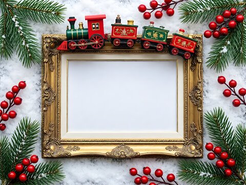 Flat lay christmas holiday blank picture frame with toy train and winter decor background