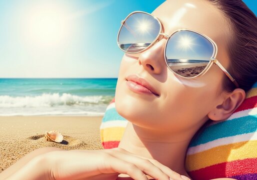 太陽の下、ビーチでリラックスする女性、サングラス、夏、海、砂浜、晴れ、休日