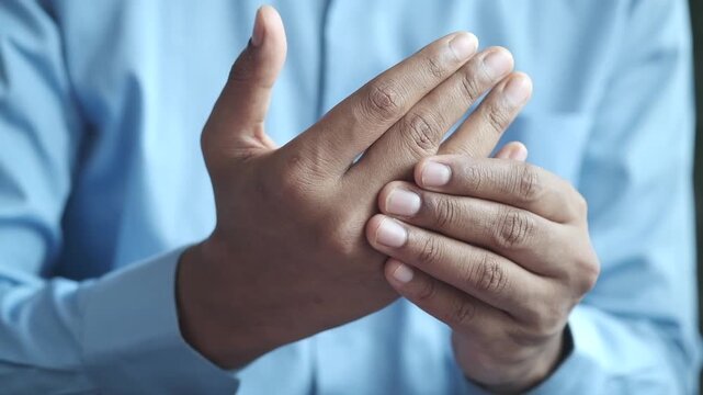 Close up motion footage of an unrecognizable person in a blue shirt massaging their aching fingers, suggesting arthritis or other hand pain