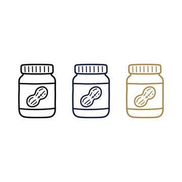 Peanut butter jar line icons set in black and gold colors.