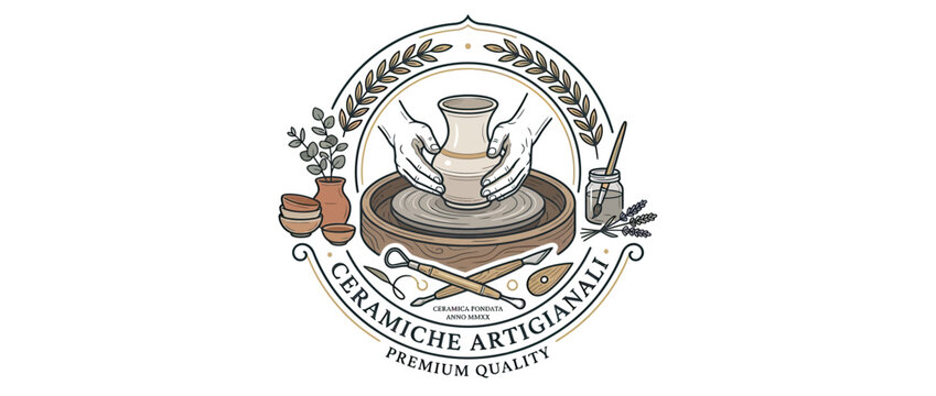 Handcrafted pottery logo with hands shaping clay on wheel