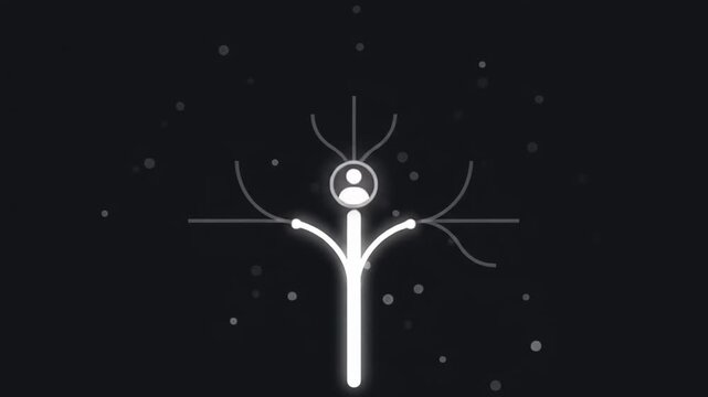 Animation of user profile avatar icon generating growing tree network structure with expanding connected nodes for organizational chart concept