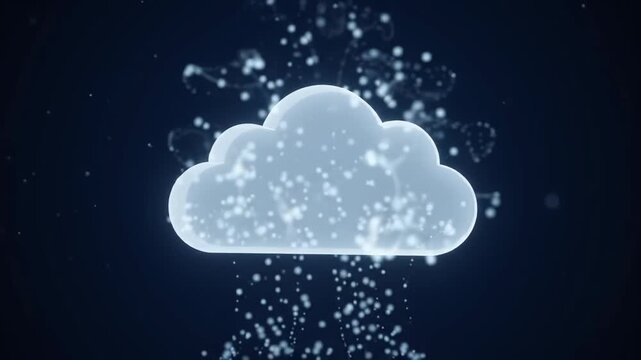 Glowing 3D cloud computing symbol floating on dark background with rising digital data particles and stream effect
