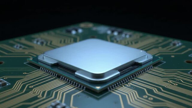 Close up view of computer microprocessor CPU chip on circuit board with glowing light pulses traveling through motherboard traces