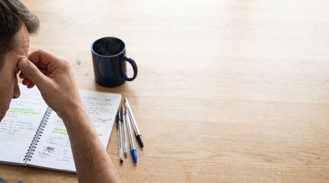 長時間の勉強で額を押さえる手とノートとマグカップ