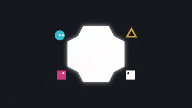 Flat vector motion graphics animation of colorful geometric puzzle pieces joining together into an octagon frame. Concept for problem solving, teamwork, and strategy.