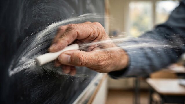 Close-up of Caucasian teacher hand writing quickly on a blackboard with white chalk, featuring strong motion blur and flying chalk dust in a school classroom, illustrating dynamic education concept