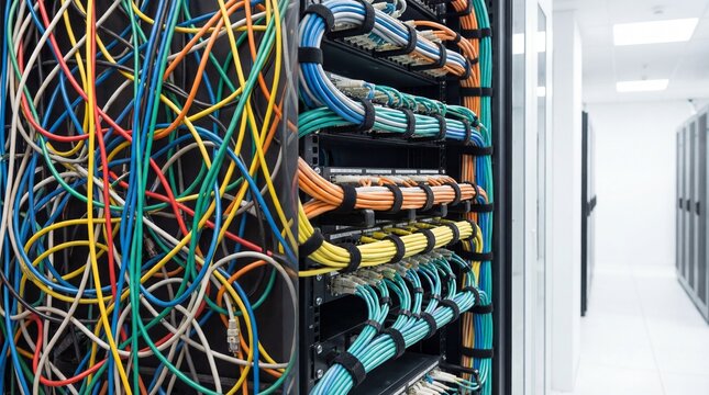 A server room filled with many colorful ethernet cables and data wires, organized in a rack with another room in the background