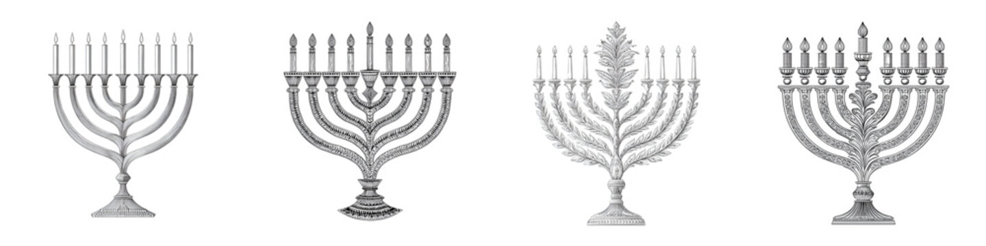 Hanukkah Menorahs: Silver Candles on White Background