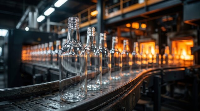 Close up of glass bottle manufacturing with freshly moulded transparent containers on a conveyor.
