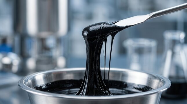 Metal spatula lifting thick viscous dark electrode slurry for battery production.