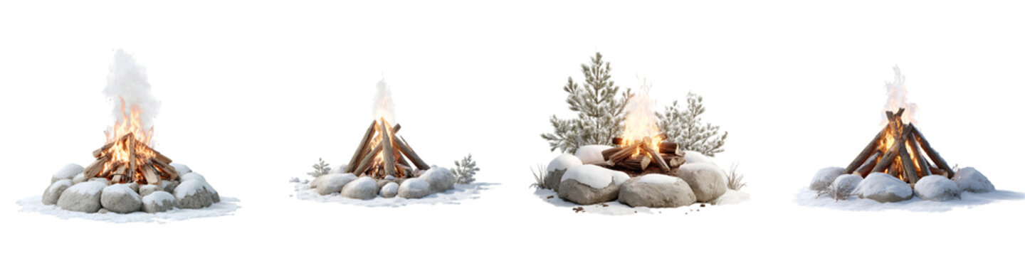 Winter Bonfires Set: Cozy Campfire Collection in Snowy Landscape - Isolated on White