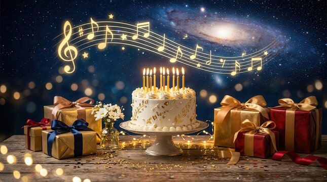 Happy birthday greeting card featuring a cake with burning candles and golden musical notes.