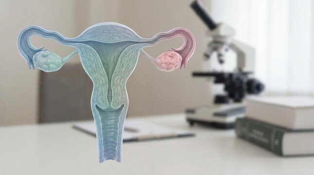 An illustration of the female reproductive system alongside a microscope, suggesting medical research or study