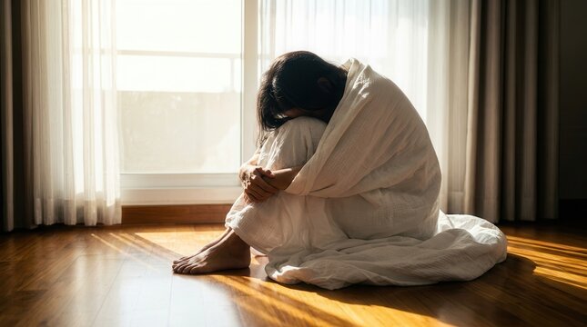 Sad lonely female feeling down while sitting on a bedroom floor wrapped in a bedsheet.