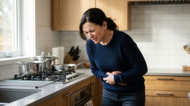 Pained woman clutching her upper abdomen in a kitchen due to stomach or gallbladder issues.