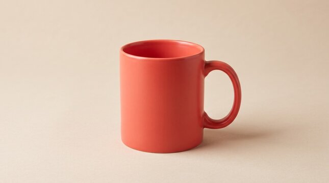A vibrant red ceramic mug stands centered on a neutral beige background