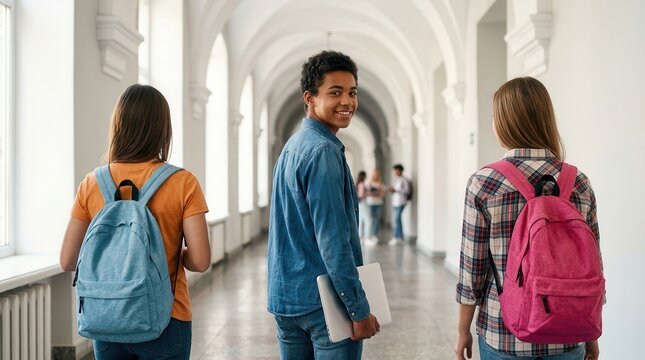 High school students walking down a school corridor with one boy looking back at the camera.