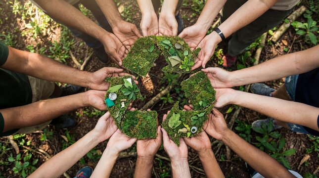 A diverse group of people holding a recycling symbol made of moss and leaves, showcasing environmental awareness and unity