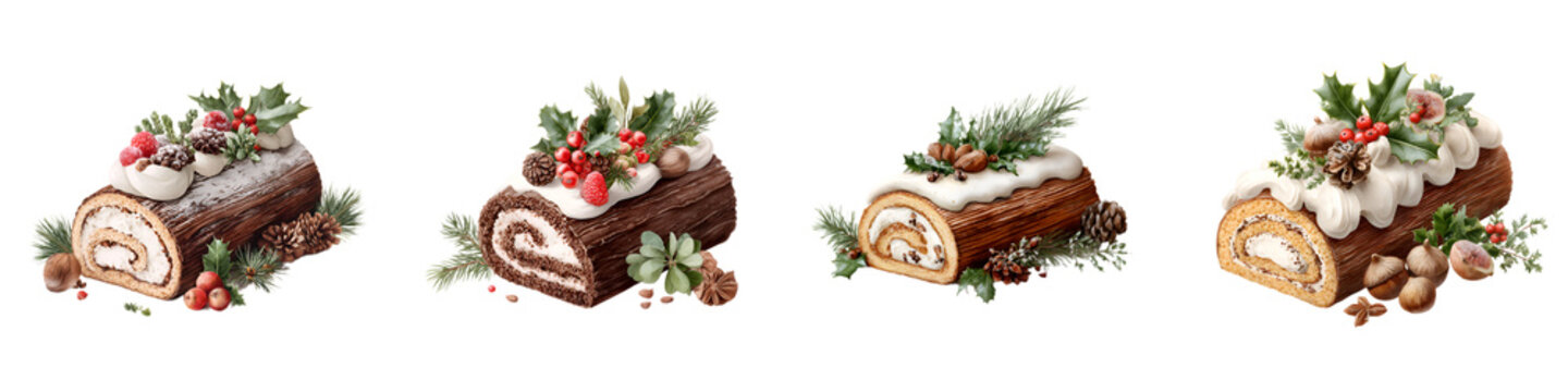 Festive Yule Log Christmas Cake Collection Isolated