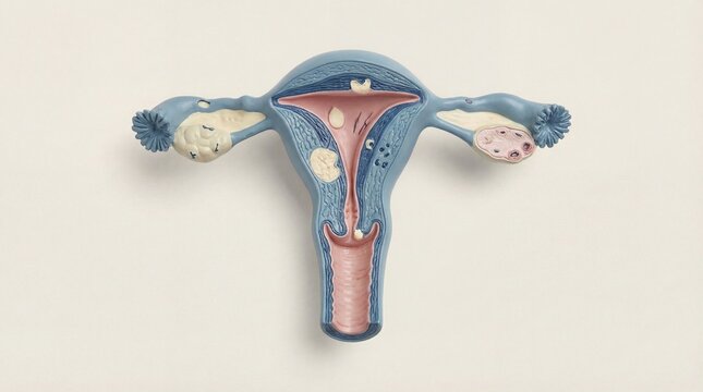 Anatomical model of the female reproductive system, showing the uterus, fallopian tubes, and ovaries, with some visible pathologies