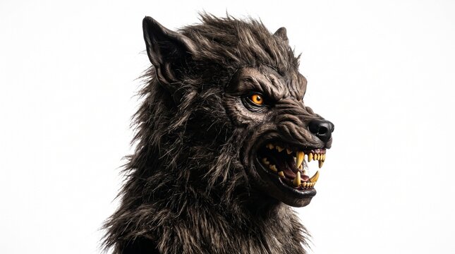 Fierce Werewolf Mask with Glowing Eyes and Bared Teeth on White Background