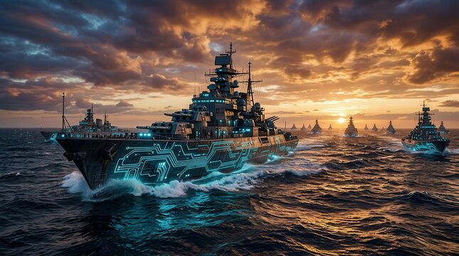 A naval fleet of futuristic navy ships with glowing circuit patterns sails across ocean waves at sunset.