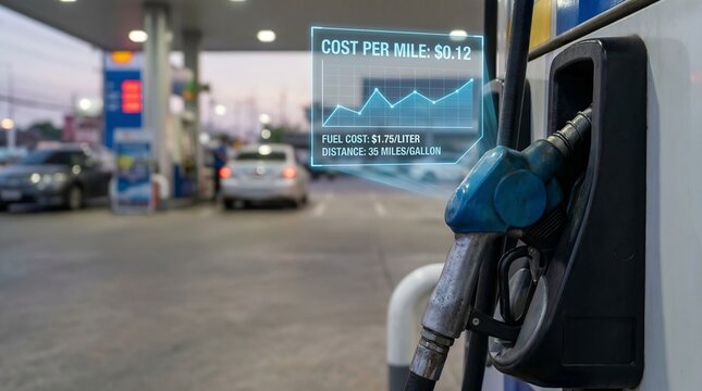 A gas pump at a gas station with a futuristic holographic display showing fuel cost and graph, with cars in the background