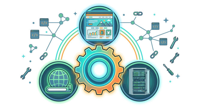 Web development, website design, and server infrastructure process concept with gears, code, and global network vector illustration.