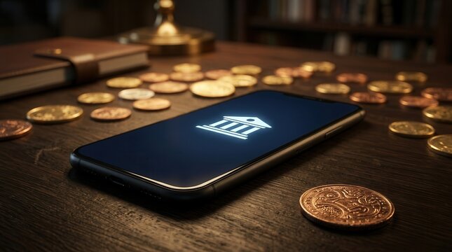 Modern commercial banking services shown on a smartphone with digital payment and lending icons.