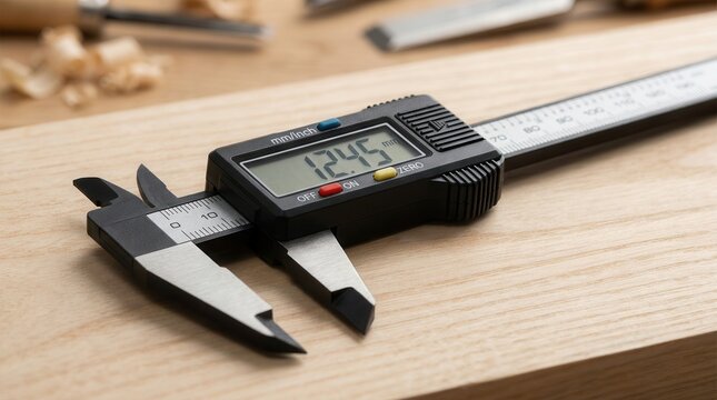 Digital caliper precision measuring tool on a wooden surface for engineering and industrial design.