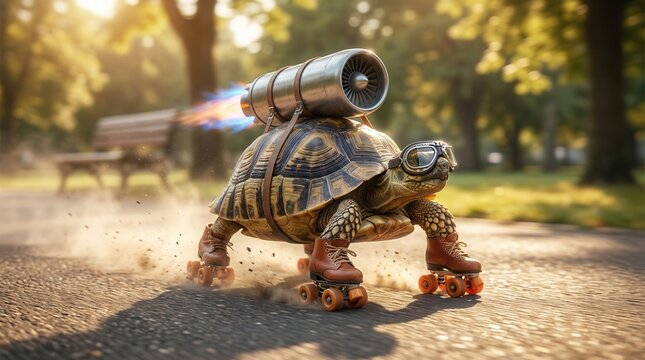 A fast turtle wearing roller skates and a jet engine racing down a sunny park path for business investment boost concept.