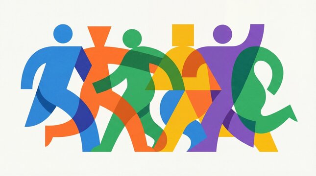 An illustration of five colorful, stylized figures in motion, representing movement and diversity