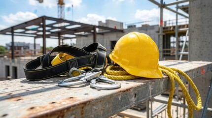 Fototapeta premium Yellow hard hat and fall arrest harness at a construction scaffolding work area.