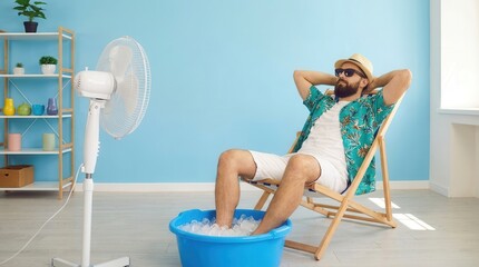 Obraz premium Man in a tropical shirt and hat relaxing in a beach chair with a fan.