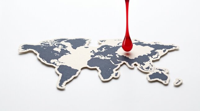 Red liquid drop falling onto world map cutout representing global crisis or pandemic