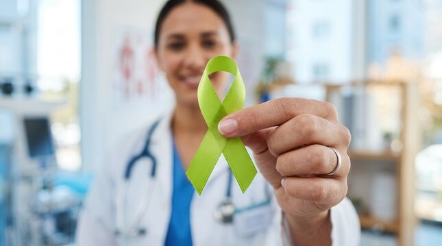 A doctor holding a lime green awareness ribbon for mental health illness and lymphoma cancer.