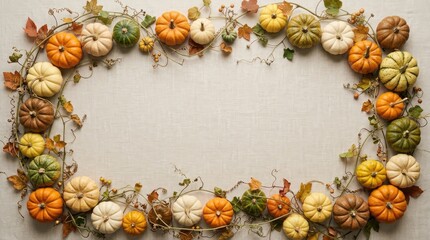 Fototapeta premium A beautiful thanksgiving border created with a delightful assortment of mini pumpkins and lush greenery perfect for festive invitations or autumn themed